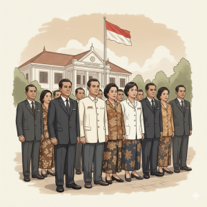 Ilustrasi suasana Indonesia awal 1950-an yang menggambarkan dinamika kewarganegaraan pasca-kemerdekaan, dengan tokoh lintas etnis berdiri sejajar di depan gedung pemerintahan dan bendera Merah Putih.