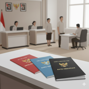 Ilustrasi layanan administrasi kependudukan di Indonesia, menampilkan proses pelayanan akta kelahiran, Kartu Identitas Anak (KIA), dan akta kematian di kantor pelayanan publik.