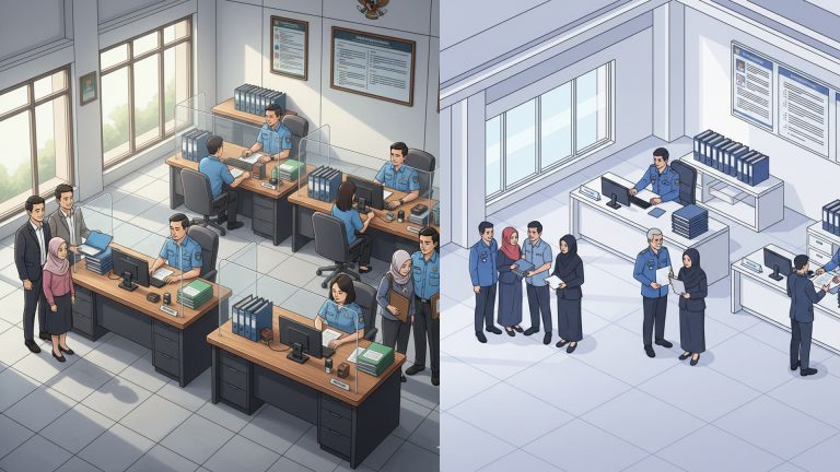 Petugas Dukcapil melayani warga yang mengurus dokumen akta kematian, akta perkawinan, dan akta perceraian di loket pelayanan resmi.