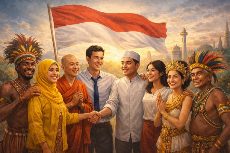 Ilustrasi keberagaman masyarakat Indonesia yang terdiri dari berbagai suku, agama, dan budaya yang saling berjabat tangan di bawah bendera Merah Putih, sebagai simbol persatuan, keadilan, dan kehidupan bersama dalam semangat pluralisme.