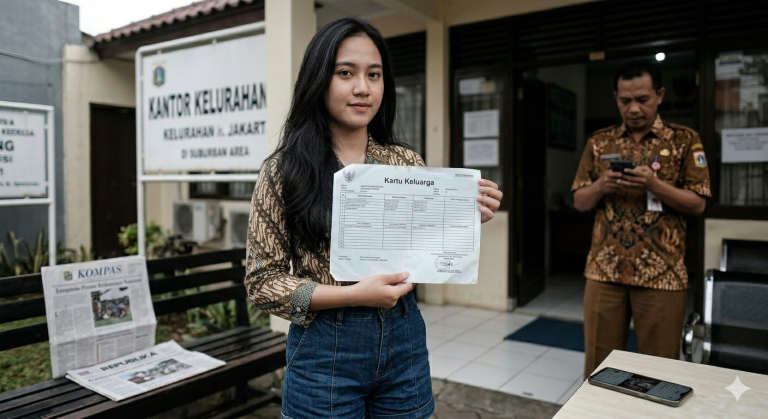 Ilustrasi perempuan yang mengalami salah input data KK di sebuah kelurahan.