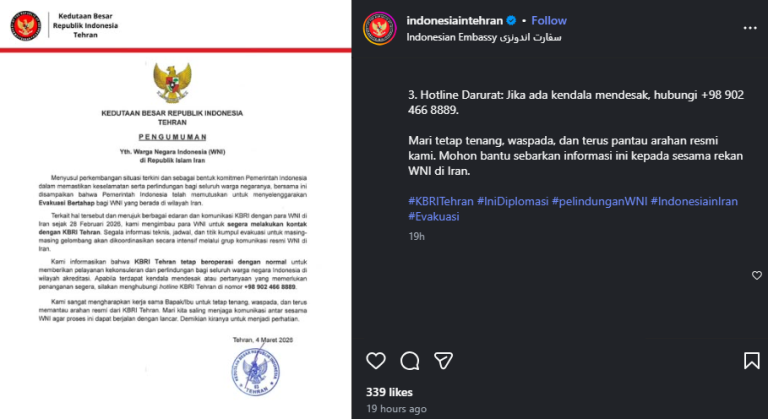 Pengumuman KBRI Teheran atau Tehran melalui akun instagram resmi @indonesiatehran.