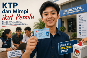 Anak panti asuhan memegang KTP elektronik di depan kantor Disdukcapil sebagai simbol harapan untuk ikut Pemilu dan memperoleh hak sipil sebagai warga negara Indonesia.