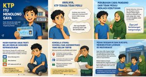 Anak memegang KTP dengan tersenyum bangga