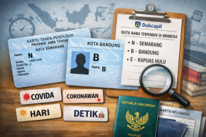 Ilustrasi KTP Indonesia dengan nama satu huruf dan data unik Dukcapil tentang nama terpendek dan tidak biasa di Indonesia
