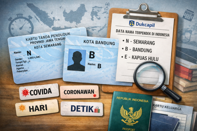 Ilustrasi KTP Indonesia dengan nama satu huruf dan data unik Dukcapil tentang nama terpendek dan tidak biasa di Indonesia