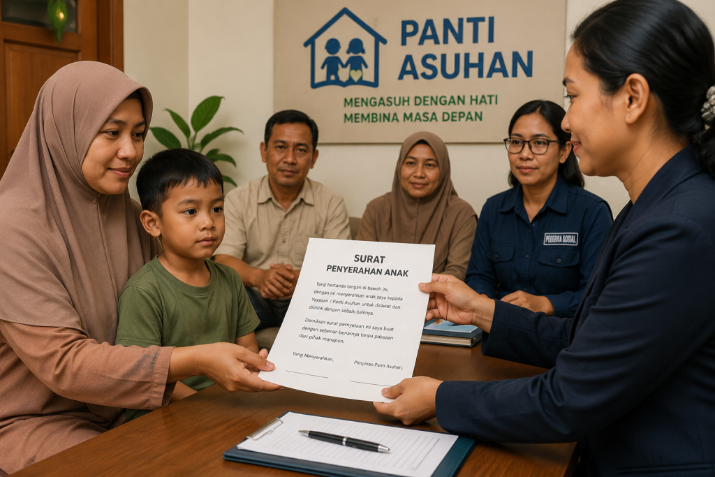 Ilustrasi penyerahan anak oleh orangtua kandung kepada panti asuhan melalui surat pernyataan resmi disaksikan pekerja sosial dan pengurus yayasan.