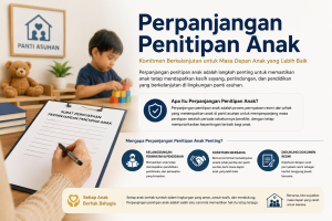 Ilustrasi perpanjangan penitipan anak di panti asuhan dengan dokumen resmi, anak kecil, dan suasana pengasuhan yang aman serta penuh perhatian.