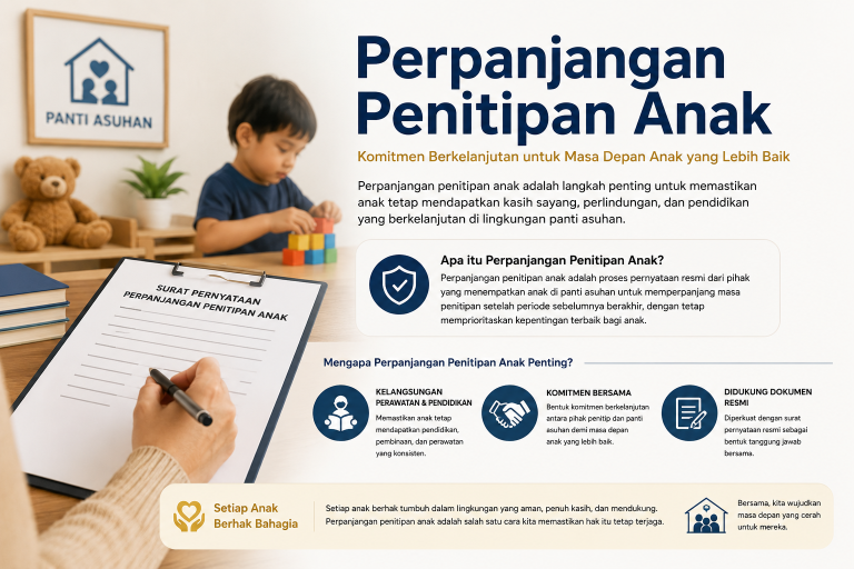 Ilustrasi perpanjangan penitipan anak di panti asuhan dengan dokumen resmi, anak kecil, dan suasana pengasuhan yang aman serta penuh perhatian.