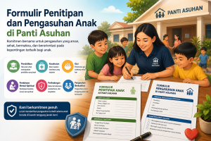 Ilustrasi formulir penitipan dan pengasuhan anak di panti asuhan dengan pengasuh dan anak-anak sedang mengisi dokumen pengasuhan, menampilkan komitmen perlindungan anak, pendidikan, kesehatan, gizi, dan pengasuhan yang aman di lingkungan panti asuhan.