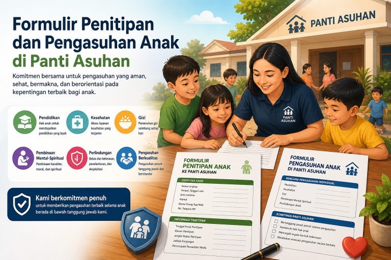 Ilustrasi formulir penitipan dan pengasuhan anak di panti asuhan dengan pengasuh dan anak-anak sedang mengisi dokumen pengasuhan, menampilkan komitmen perlindungan anak, pendidikan, kesehatan, gizi, dan pengasuhan yang aman di lingkungan panti asuhan.