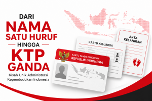 Ilustrasi administrasi kependudukan di Indonesia menampilkan KTP elektronik, Kartu Keluarga, dan Akta Kelahiran dengan tema fenomena unik seperti nama satu huruf dan isu KTP ganda.