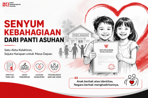 Ilustrasi anak-anak panti asuhan tersenyum sambil memegang akta kelahiran sebagai simbol identitas, perlindungan, pendidikan, dan masa depan anak Indonesia.