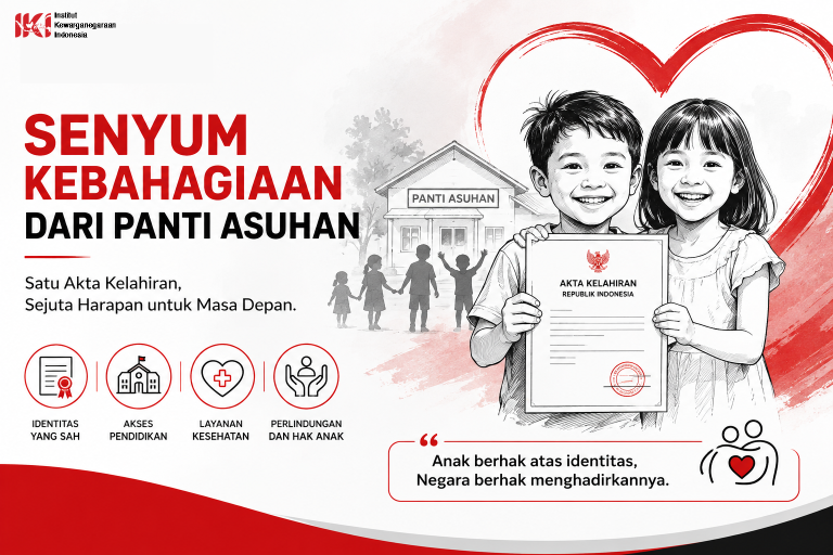 Ilustrasi anak-anak panti asuhan tersenyum sambil memegang akta kelahiran sebagai simbol identitas, perlindungan, pendidikan, dan masa depan anak Indonesia.