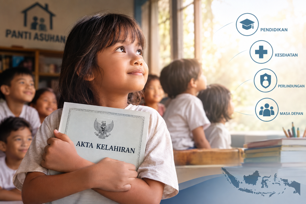 Anak panti asuhan memegang akta kelahiran sebagai simbol hak atas identitas, pendidikan, kesehatan, dan perlindungan